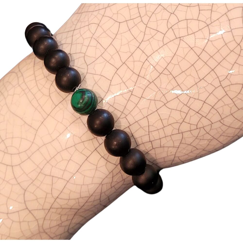 8mm Lava Stone with Malachite Green Bead Bracelet Beaded Essential Oils Stretch